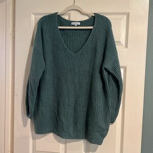 Cents of Style Teal Ribbed V Neck Split Hem Sweater